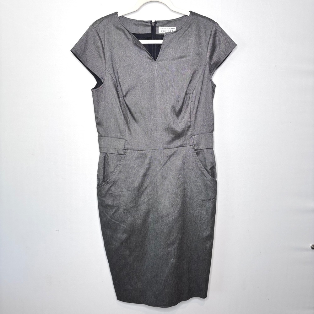 Chetta B Pencil Dress Size 10 Gray Career Business Cap Sleeve V Neck‎ Pockets